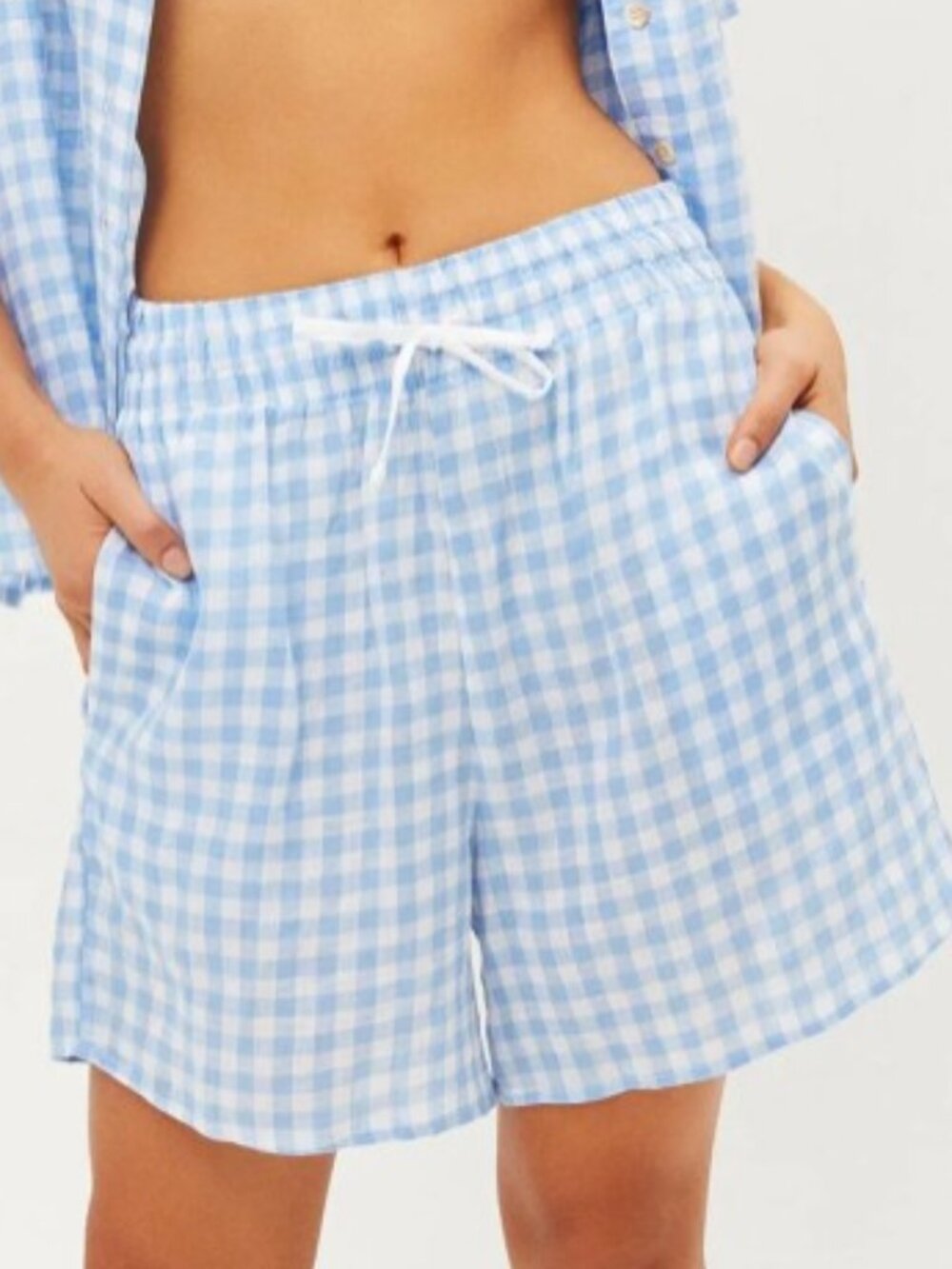Frankies Bikinis Lou Linen Gingham Shorts Blue White